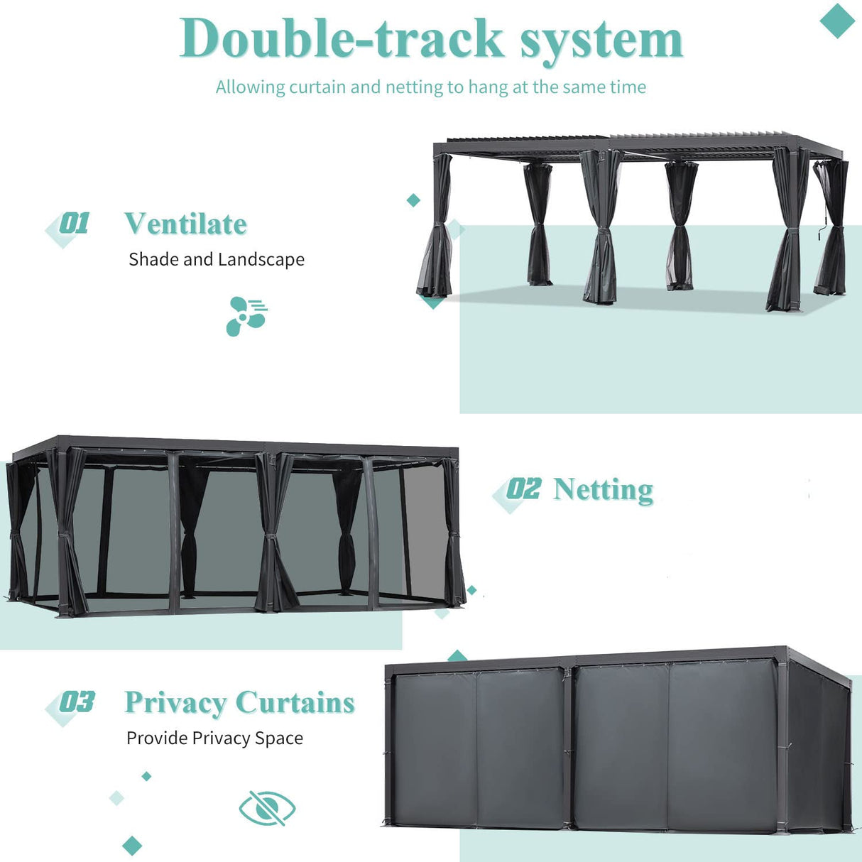 YOLENY 12' x 20' Louvered Pergola, Patio Hardtop Pergola with Adjustable Aluminum Rainproof Roof, Sun Shade Shelter with Netting and Curtains for YOLENY