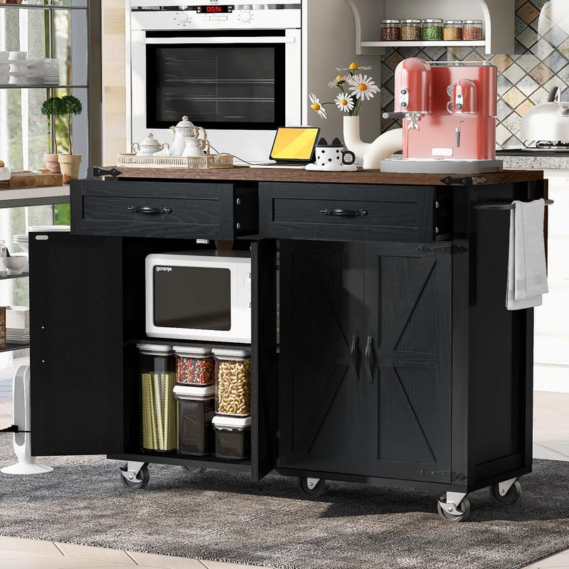 53.5''Farmhouse Kitchen Island with Power Outlet, Kitchen Storage Island with Drop Leaf, Spice Rack and Drawer, Rolling Kitchen Cart on Wheels, for Home, Kitchen and Dining Room, Black HomeGearTech