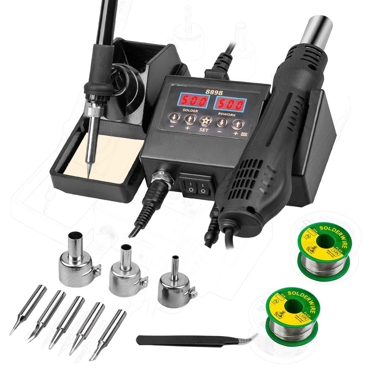 Defabee 14pcs Soldering Station, 2 in 1 Hot Air Functions Digital Display Soldering Iron Soldering Kit, 8898 Portable SMD Rework Station, ºC/ºF Cool/Hot Air Conversion and Auto Sleep Defabee