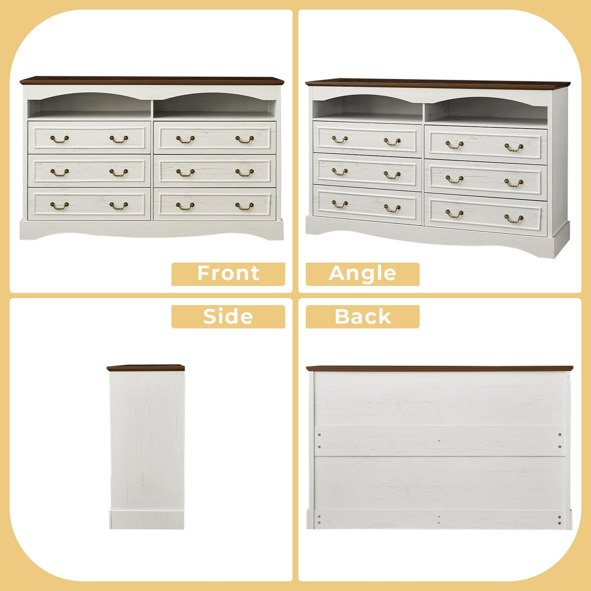 JanflyHome Vintage 6 Dresser for Bedroom, Farmhouse 6 Drawers Dresser with Open Shelves and LED Lights, 55" Wide Wood Rustic Chest of Drawers for Living Room, Hallway, Antique White JanflyHome