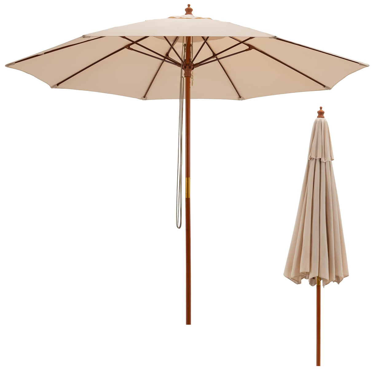 Tangkula 9.5 FT Pulley Lift Round Patio Umbrella, Wooden Market Umbrella W/Rope Pulley Mechanism, 8 Fiberglass Ribs, Portable Table Parasol, Outdoor Sun Umbrella for Garden, Yard, Deck, Pool (Beige) Tangkula