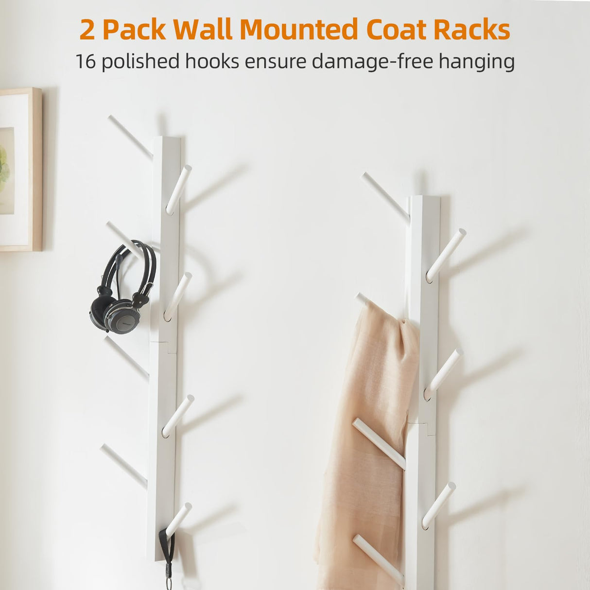 TIOPGHAD 2 Pack Coat Rack Vertical Wall Mount, Bamboo Coats Hooks Clothes Holder Hanger for Wall Coat Hat Jacket Clothing Bathroom Robes Mudroom Entryway(White) TIOPGHAD