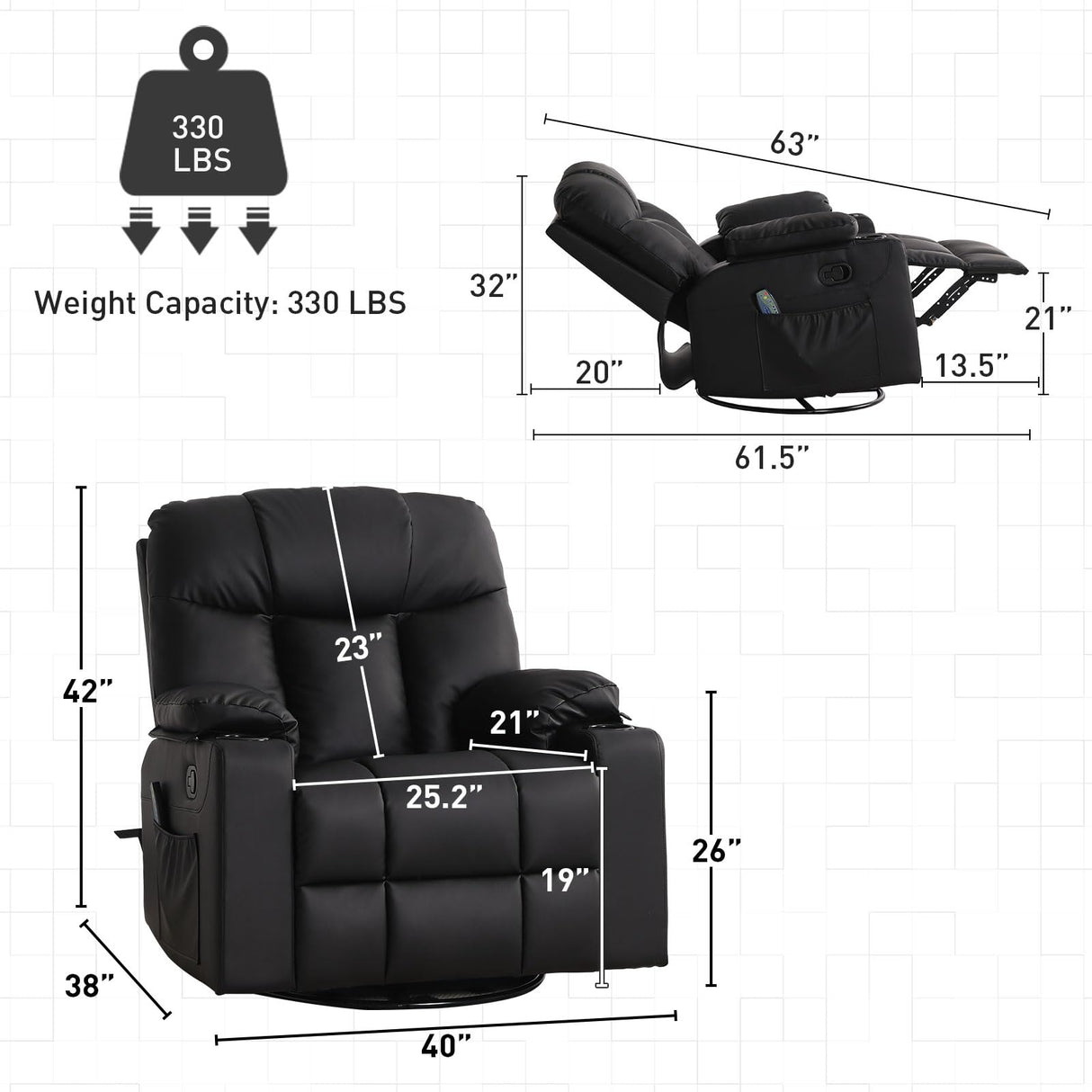 Bonzy Home Oversized Swivel Rocker Recliner, 40" Rocking Recliner Chair with Heated and Massage, PU Leather Single Sofa with Swivel Function, 2 Cup Holders for Living Room Bedroom, Black Bonzy Home
