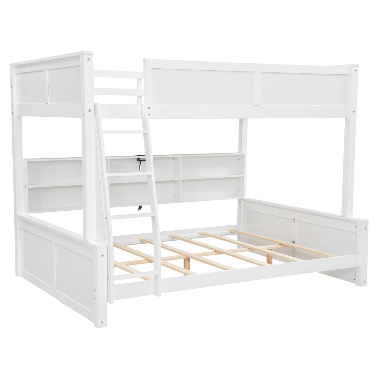 RuiSiSi Full XL Over Queen Bunk Bed with Storage, Modern Wood Queen Bunk Bed with Storage Cabinets and USB Ports for Kids Teens Adults, Space-Saving with Ladder, Guardrail, Antique White RuiSiSi