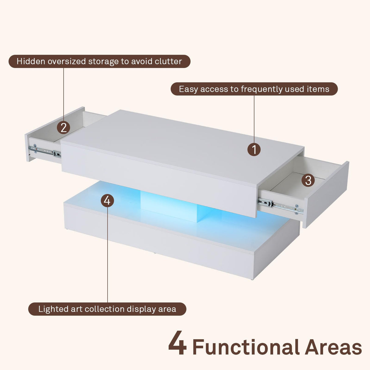 OC Orange-Casual LED Coffee Table with Storage, High Glossy Center Table with 2 Sliding Drawers, Modern Stylish Rectangle Coffee Table Double Layer with Open Display Shelf for Living Room (White) OC Orange-Casual