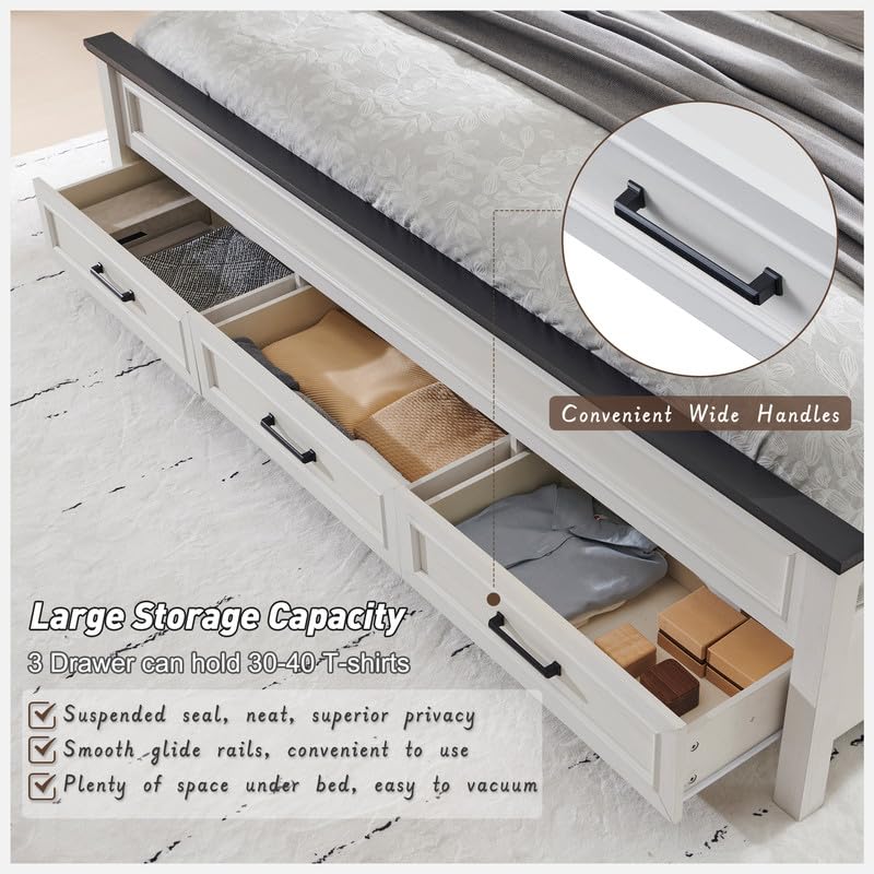 ACCOHOHO Rustic King Size Bed Frame with Tall Full-Panel Headboard and Storage Drawers in Antique White ACCOHOHO