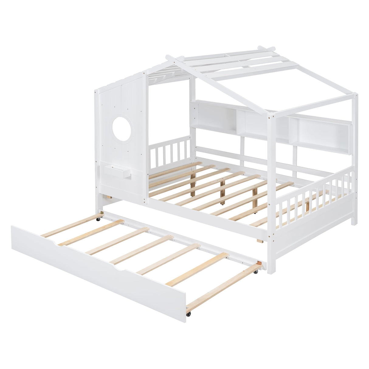 Harper & Bright Designs Kids Full Size House Bed with Trundle & Storage Shelf, Wood Full Size Platform Bed Frame with Roof, House Bed for Boys, Girls, White Harper & Bright Designs