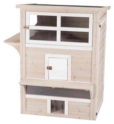 TRIXIE Outdoor Cat House, Weatherproof 3-Story Cat House with Multiple Levels, Doors & Windows with Latches, Outdoor Shelter for Cats, Brown/White Fir Wood