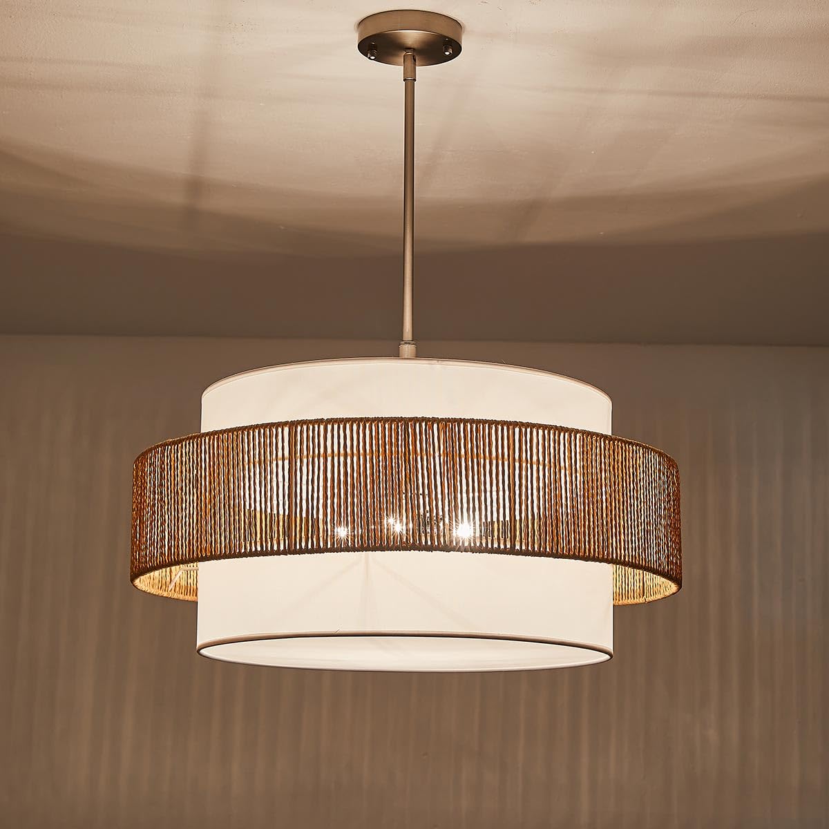 24'' Rattan Large Drum Chandeliers Light Fixtures,5 Light Boho Pendant Light Farmhouse Rustic Hand Woven Lighting for Dining Room Kitchen Island Living Room Bedroom,Brushed Nickel Finish Metal TELAFLY