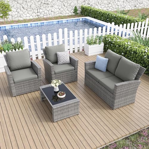 Amopatio 4 Pieces Outdoor Patio Furniture Set,Wicker Sectional Sofa Outdoor Patio Set Outdoor Rattan Patio Furniture, Patio Conversation Sets with Cushion, Grey Amopatio