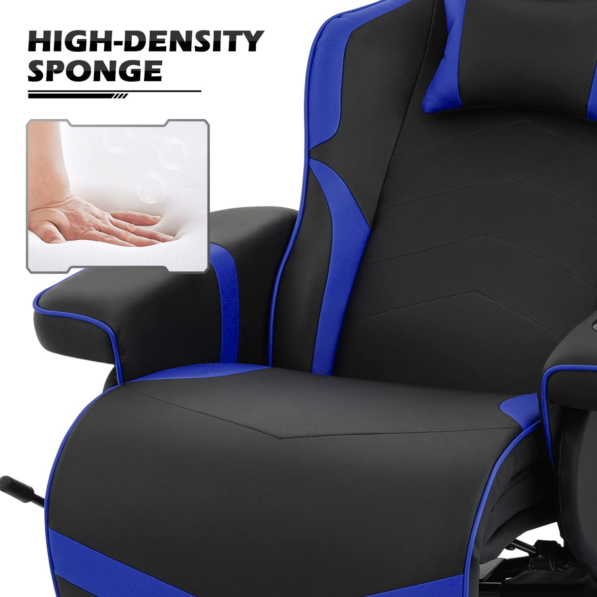 MoNiBloom Reclining Gaming Chair Ergonomic Game Recliner Chair Adjusted PU Leather Reclining Video Gaming Single Sofa with Retractable Footrest, Swivel Theater Seating Gaming Couch w/Cup Holder, Blue MoNiBloom