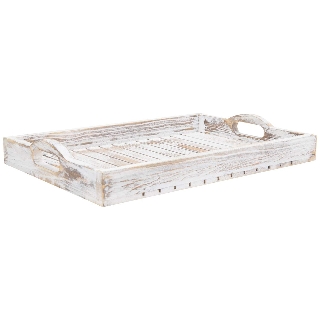 MyGift Shabby Chic Whitewashed Wood Breakfast Serving Tray with Cutout Handles MyGift