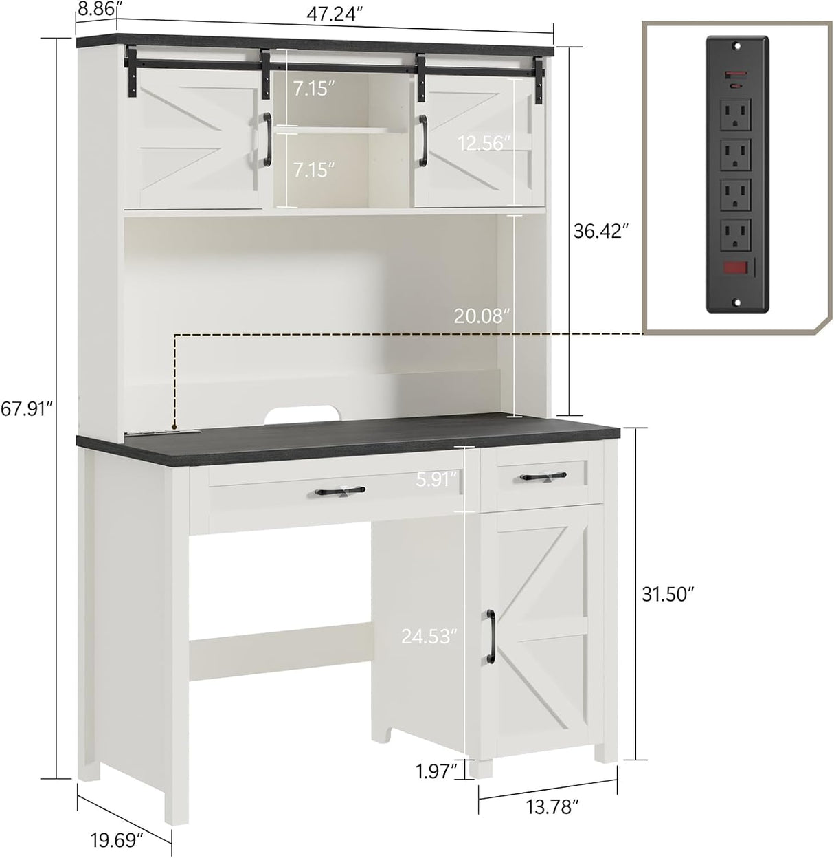 Befrases Farmhouse 47" Executive Desk, Computer Desk with 2 Drawers and Storage Cabinet, Home Office Table with Hutch, Charging Hub, Workspace for Work and Study. Befrases