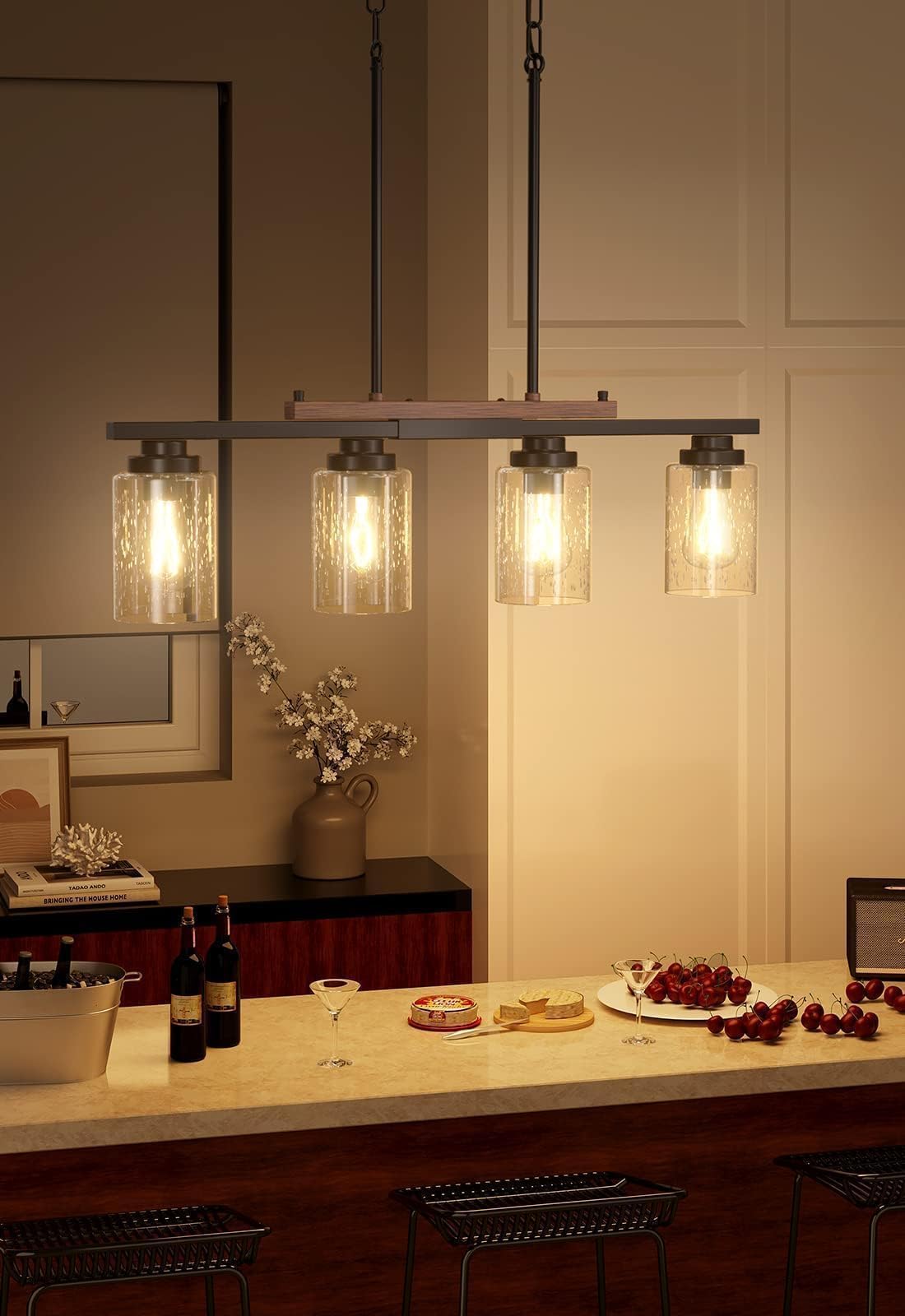 Amico Dining Room Light Fixture 4-Light Kitchen Island Lighting with Adjustable Rods, Farmhouse Decor Black Metal & Wood Chandelier with Seeded Glass Shade, Island Lights for Kitchen Amico