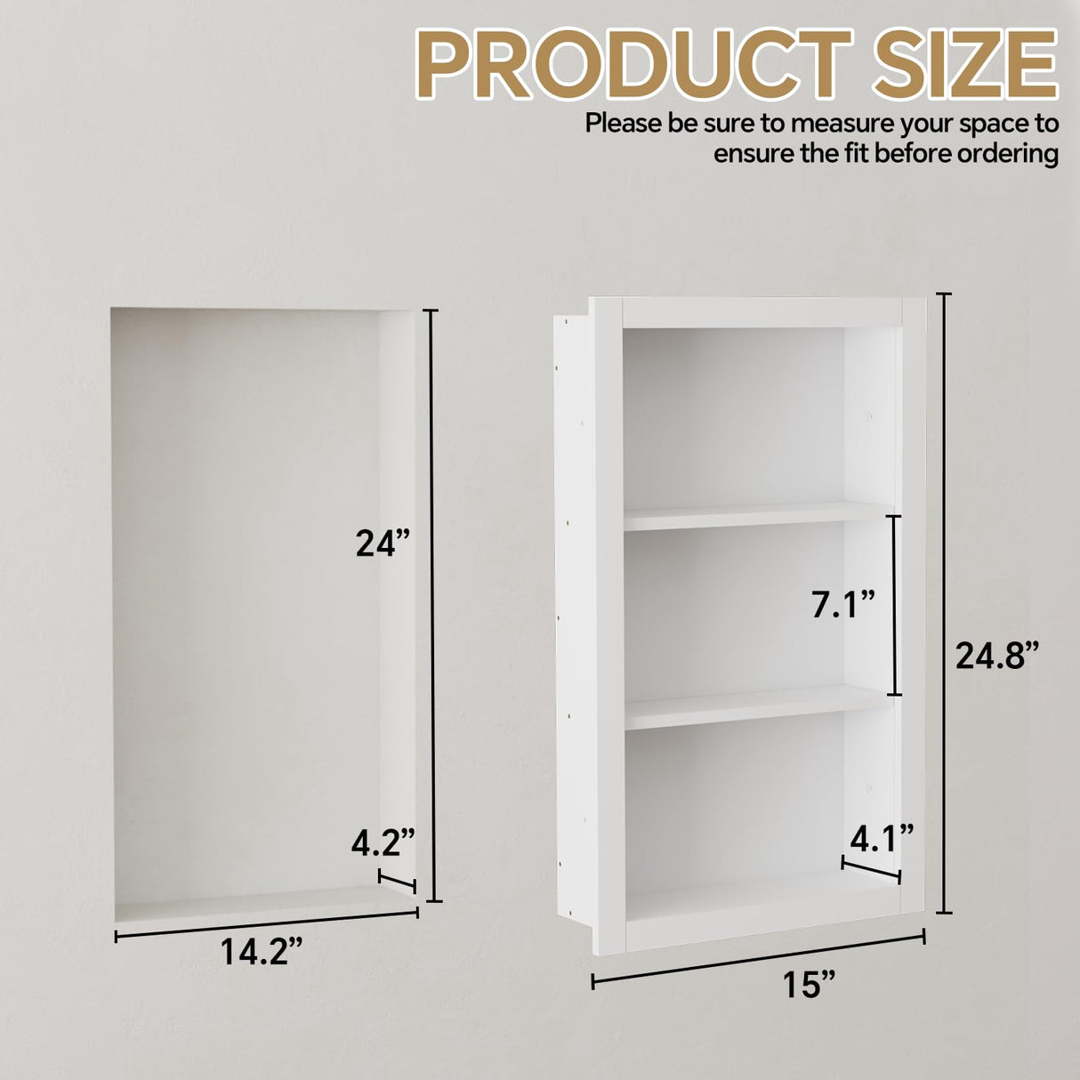 HAIDAIYA 14'' * 24'' Recessed Medicine Cabinet Wall Niche Wood, 3-Tier Bathroom Niche Insert for Drywall, in Wall Shelf Medicine Cabinets Replacement, for Living Room, Bathroom Storage, White HAIDAIYA