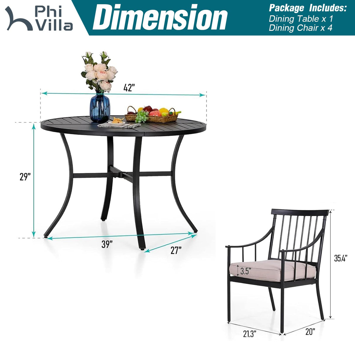 PHI VILLA 5 Piece Outdoor Dining Set for 4, Round Steel Dining Table with Umbrella Hole & Heavy-Duty Metal Chairs with Cushions, Modern Patio Dining Furniture Set for Deck, Backyard, Porch PHI VILLA