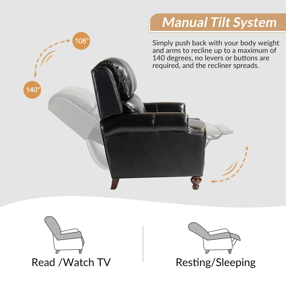 HULALA HOME Genuine Leather Recliner Chair, Classic and Traditional Push Back Recliner Chair for Living Room, Adjustable Leather Cigar Reclining Vintage with Nail Head Trim,Black HULALA HOME