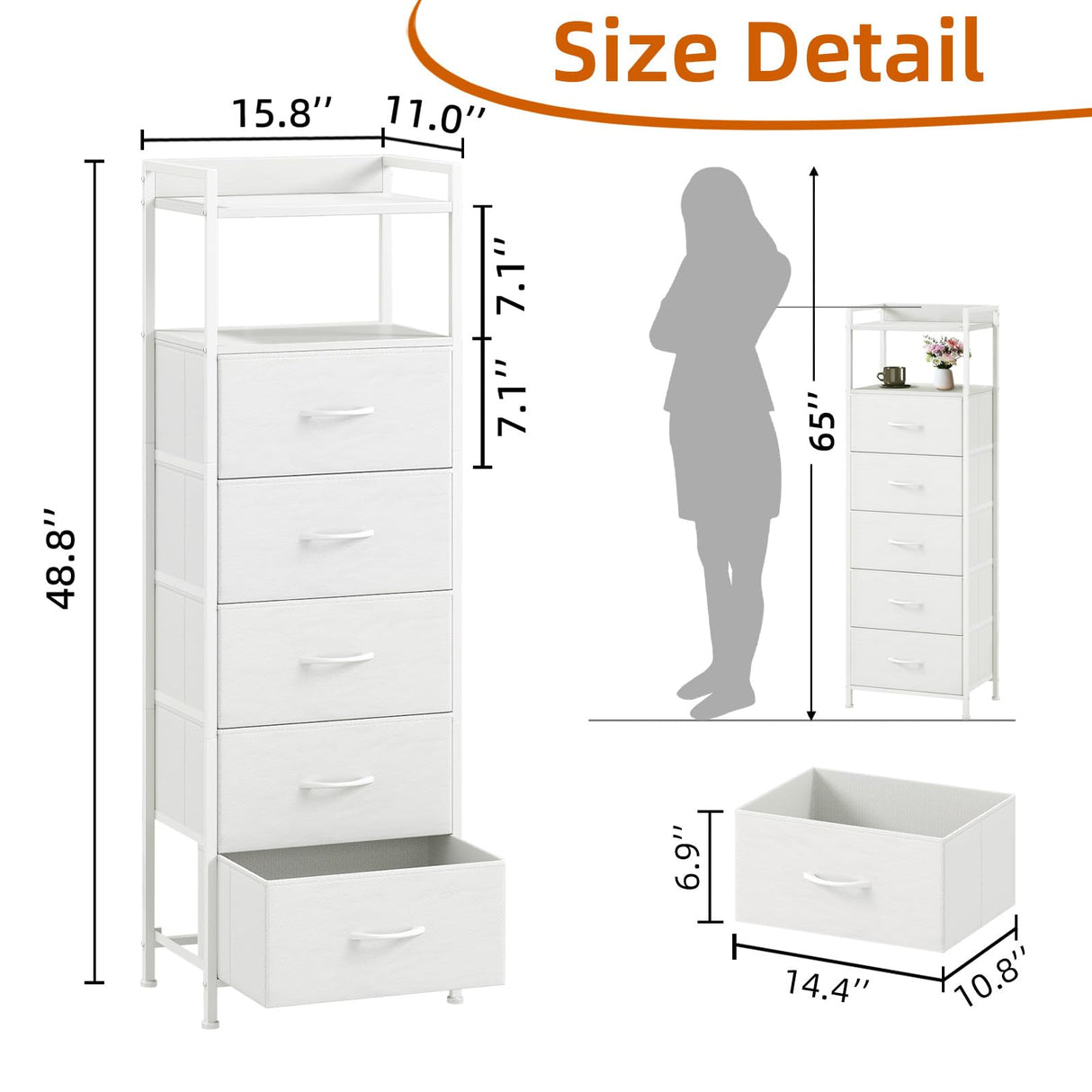 Somdot White Tall Night Stand for Bedroom,Tall 5 Drawers Dresser, Vertical Storage Tower Unit, Nightstand Furniture with Fabric Drawer Organizer in Bedside Kids Dorm Room Closet Laundry Entryway Somdot