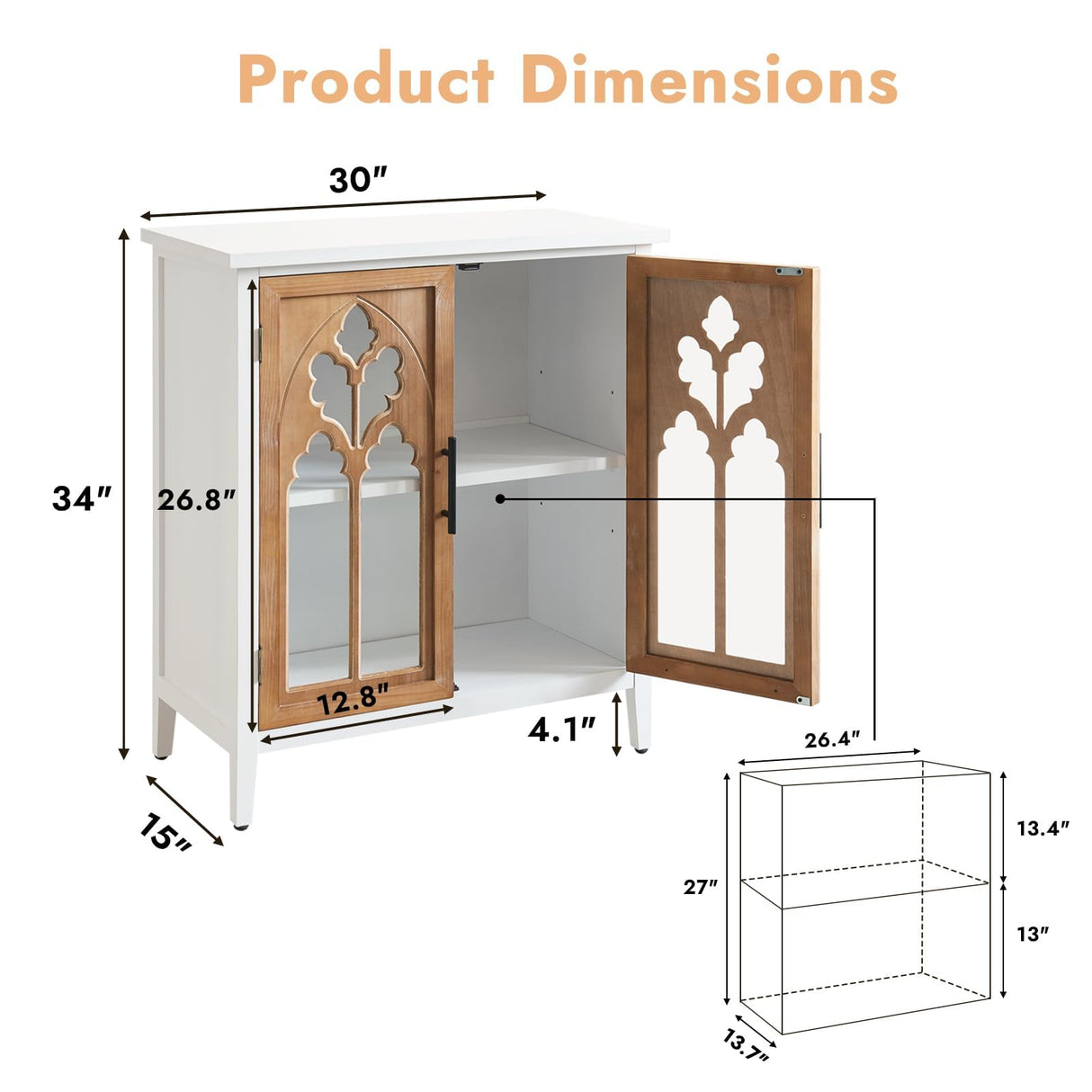 WINWY 30" Farmhouse Sideboard Buffet Credenza Cabinet, Decorative Accent Cabinet with 2 Carved Arched Glass Doors & Adjustable Shelf, Rustic Wooden Storage for Kitchen, Living Room(White,Set of 3) WINWY