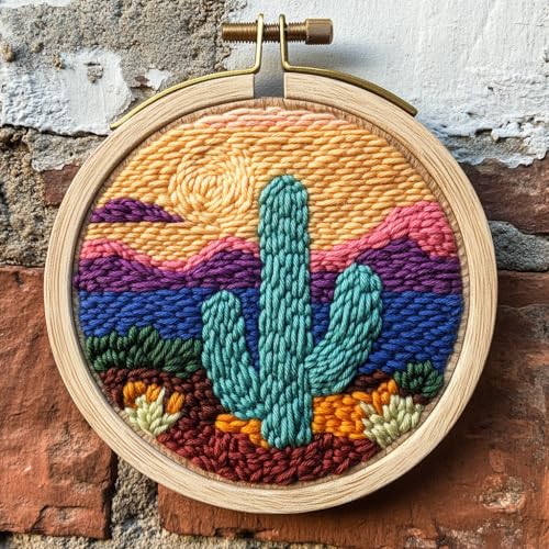 Generic DIY Punch Needle Kit - Cactus Sunset Embroidery - 20x20cm - Easy for Beginners - Modern Style - Cross Stitch - Adults - Not Foldable