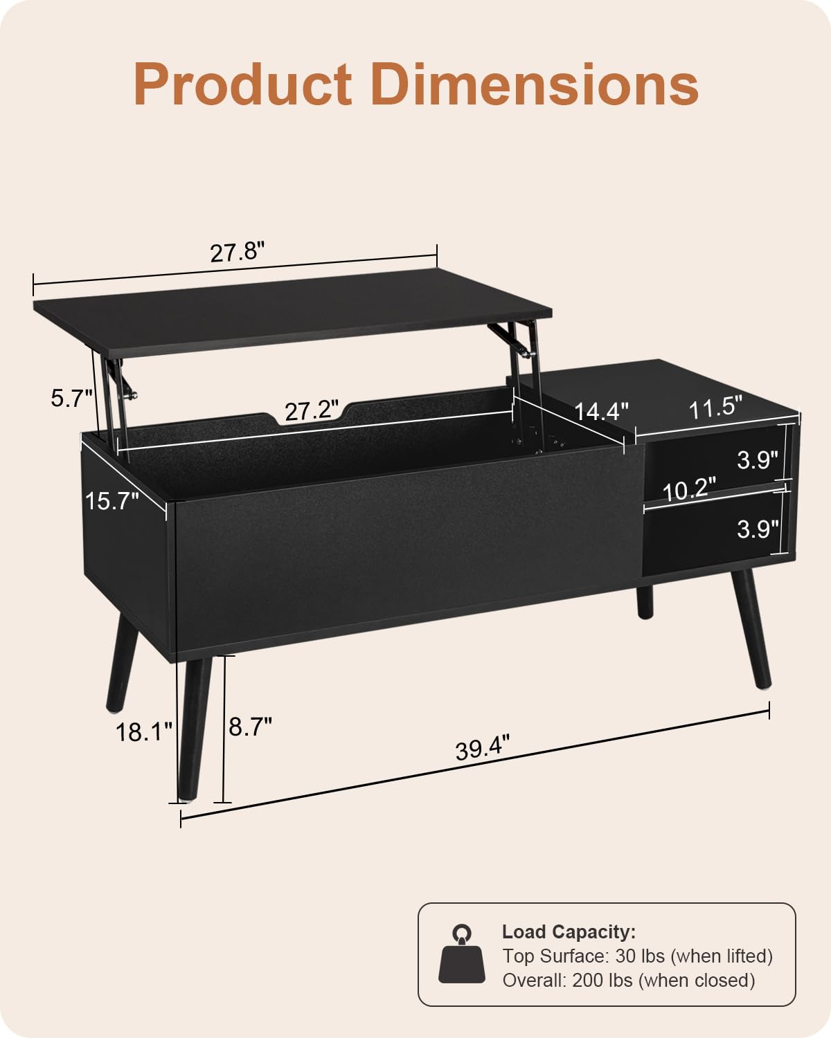 ALINE FURNITURE Coffee Table Lift Top - Black Lift Top Coffee Table with Hidden Compartment Storage - Lift Up Coffee Table - Wood Coffee Tables for Living Room ALINE FURNITURE