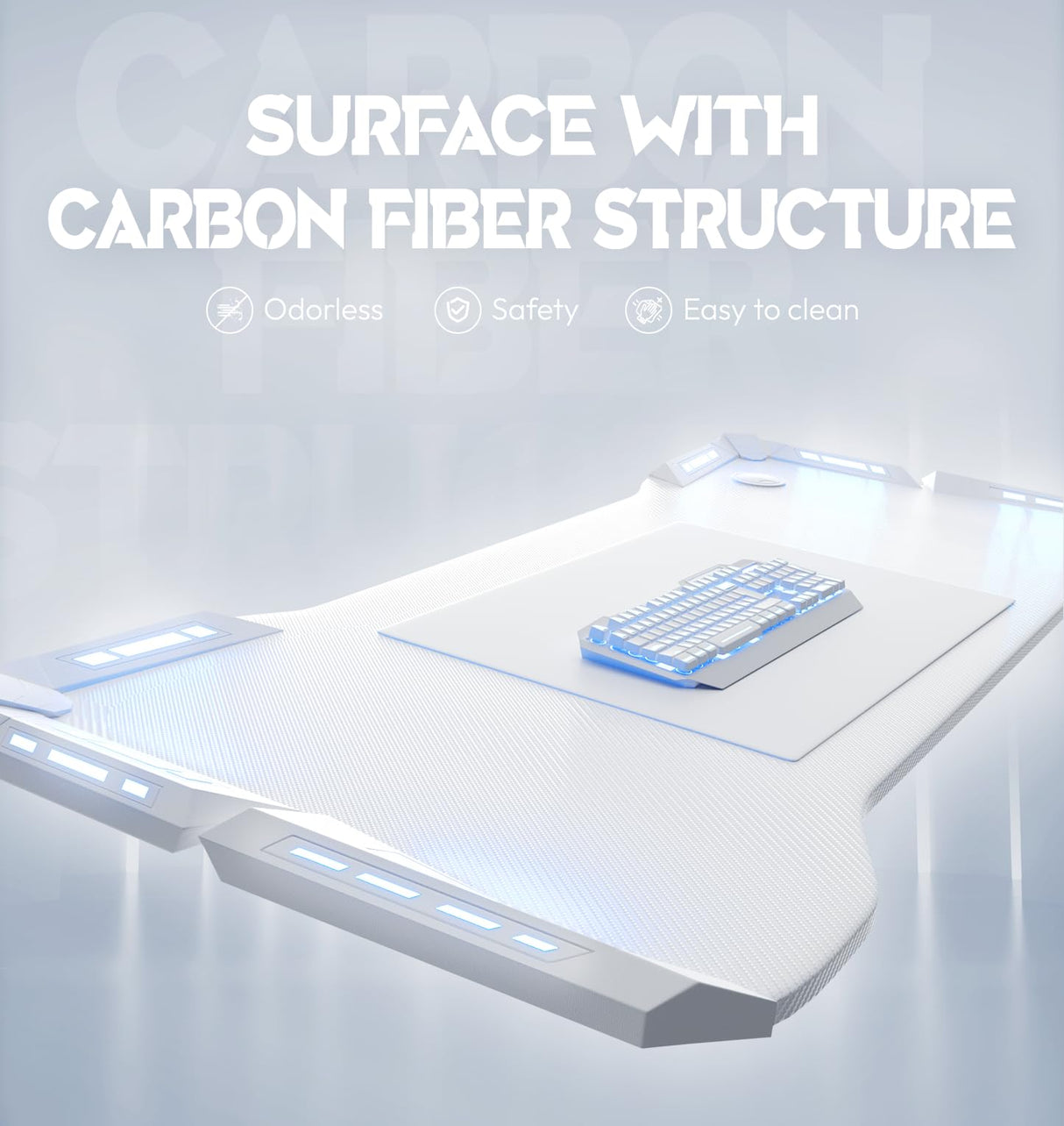 Dowinx Gaming Desk with LED Lights, RGB Gaming Computer Table with Carbon Fibre Surface, LED Home Office Desk with Remote Control, Pc Workstation with Cup Holder and Headphone Hook, 63 Inch, White Dowinx