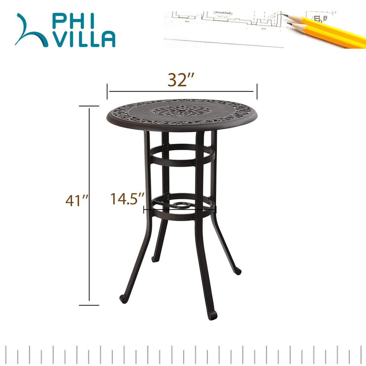 PHI VILLA 32" Cast Aluminum Patio Bar Table, 41" Height High Top Outdoor Table, Pub Height Bistro Round Table for Paito Lawn Garden, Brown PHI VILLA