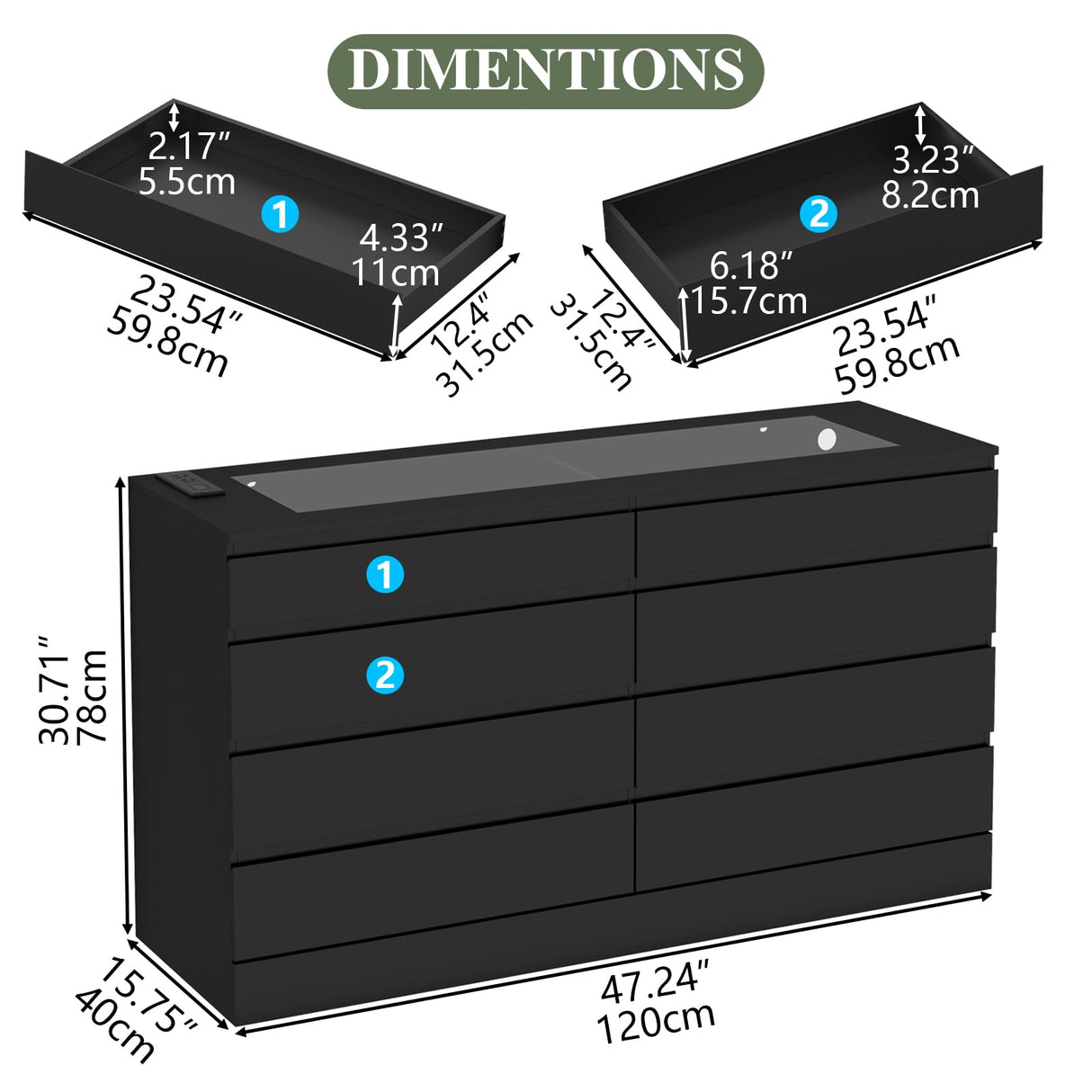 Gyfimoie 8 Drawer Dresser with Power Outlet, White Dresser for Bedroom Chest of Drawer with Glass Top & LED Light, Modern Double Wide Drawer Organizer Cabinet for Living Room (Black) Gyfimoie