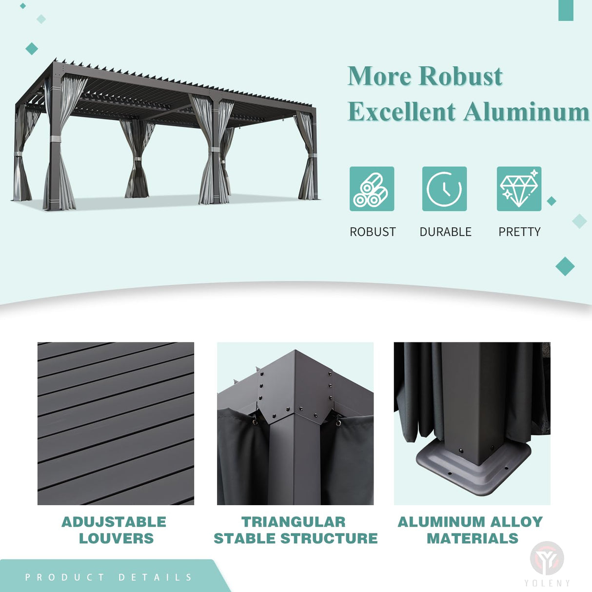 YOLENY Louvered Pergola 12x24, All Aluminum Pergola with Adjustable Rainproof Roof, Outdoor Pergola with Curtains and Nets for Patio & Garden, Dark Grey YOLENY