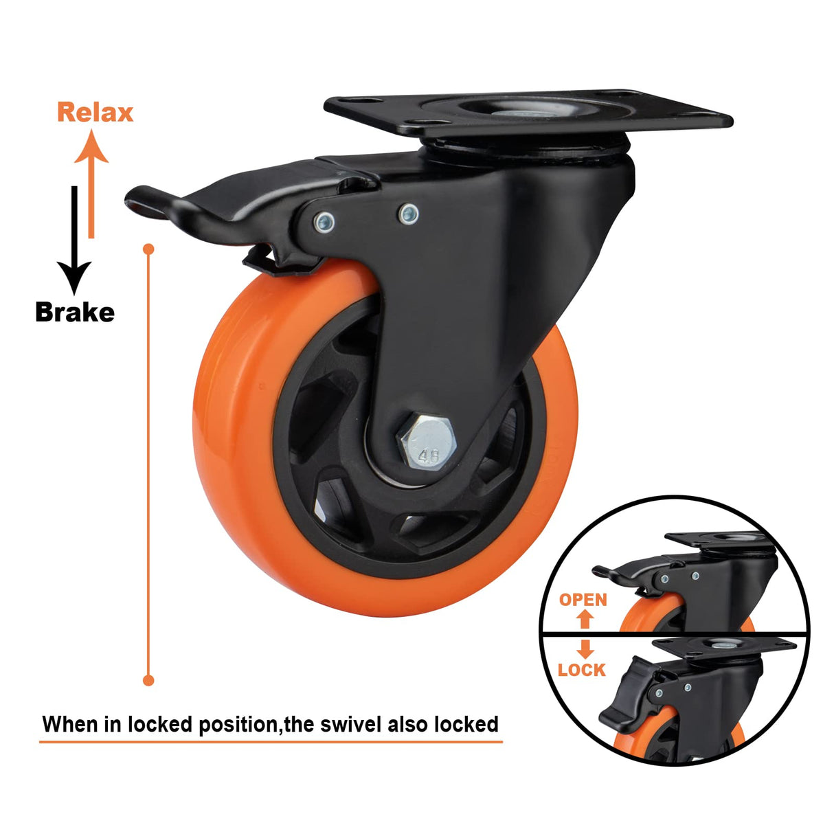 ASRINIEY Casters, 4" Caster Wheels,Casters Set of 4 Heavy Duty - Orange Polyurethane Castors, Top Plate Swivel Wheels, 4-Pack Industrial Casters with Brake, Locking Casters for Furniture and Workbench ASRINIEY