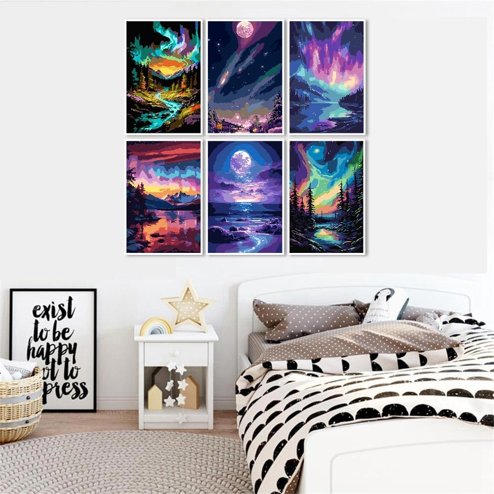 Fuinkqe 6 Pack Paint by Number Kit for Adults Beginner, Polar Lights Moon Landscape DIY Acrylic Painting Paint by Numbers Kits on Canvas for Gift Home Wall Decor 10x14inch Fuinkqe