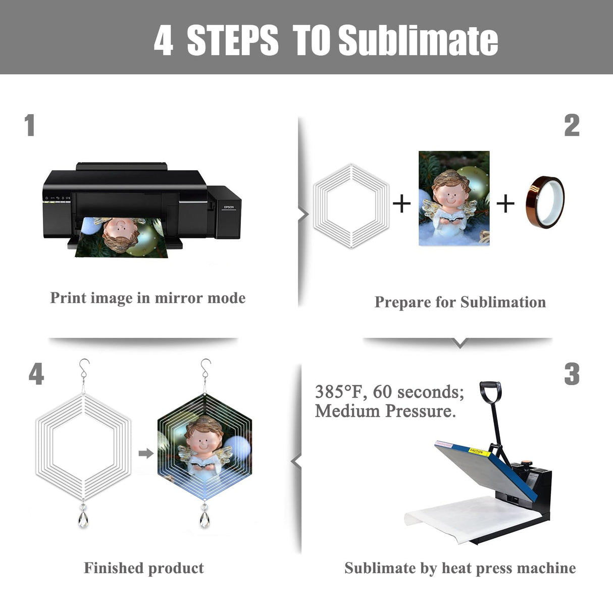 4Pack 8inch Sublimation Wind Spinner Blanks 3D Aluminum Metal Wind Sculpture Kinetic Spinners for Yard and Garden Indoor Art Ornaments Hanging Decoration (Hexagon) WindMage