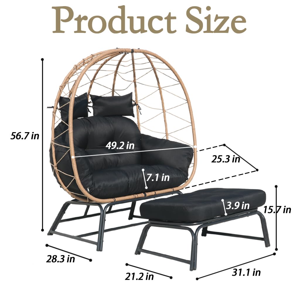 Frxeyaliz Outdoor Double Egg Chair w/Ottoman PE Rattan Wicker Papasan Chair w/Cushion for Patio Bedroom Living Room Balcony Backyard Frxeyaliz