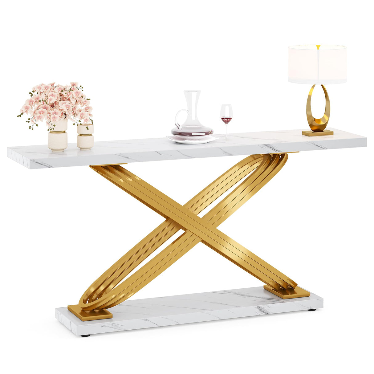 Tribesigns 55 Inch Modern Console Table, Faux Marble Gold Entryway Table Behind Sofa Couch, Narrow Rectangular Sofa Table for Living Room, Bedroom, Front Hall, Hallway, Gold & White Tribesigns