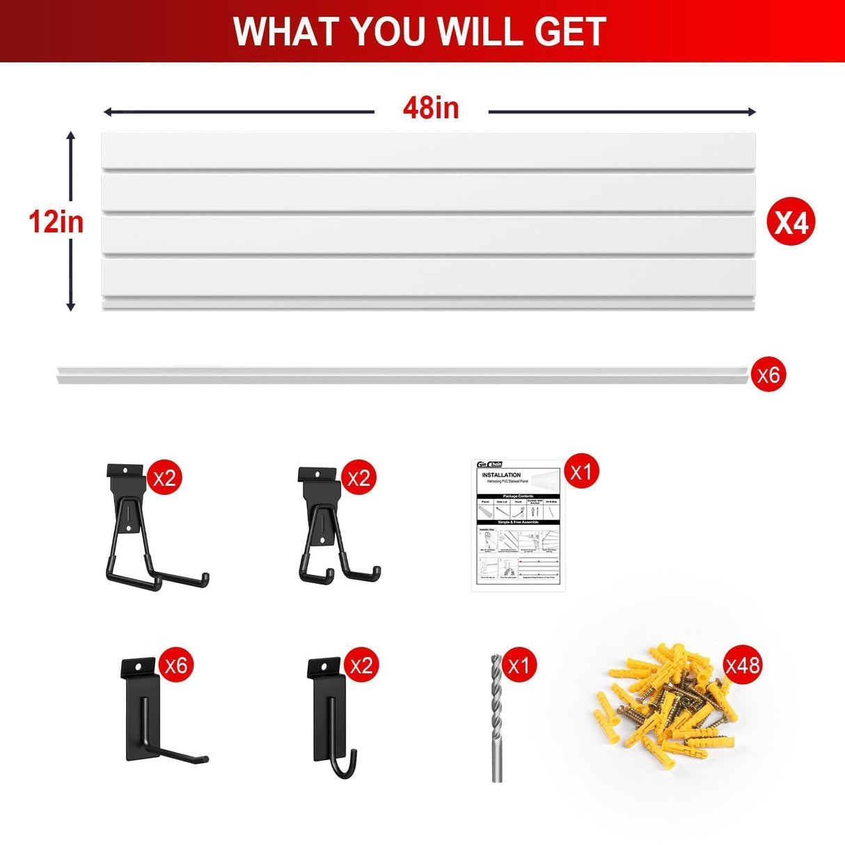 Ginchain Garage Slatwall Panel Wall Organizer - Slat Wall Paneling Sheets with Hooks, Interlocking PVC Panels for Tool Organization Mounted Storage Systems Ginchain