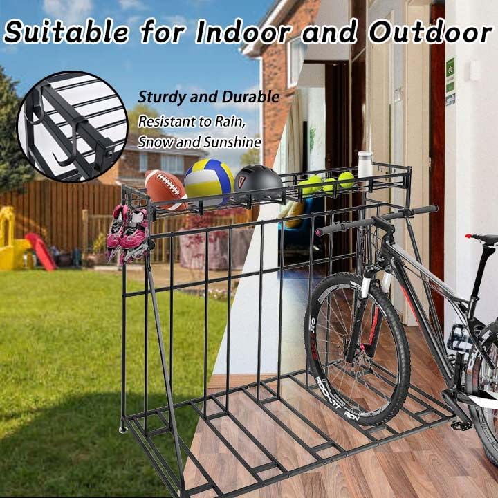 Kapler Bike Stand Rack - 4-Bicycle Floor Parking with Storage Basket & Anti-Slip Base for Garage Backyard Indoor & Outdoor Use - Fits Mountain Road & Hybrid Bikes Kapler