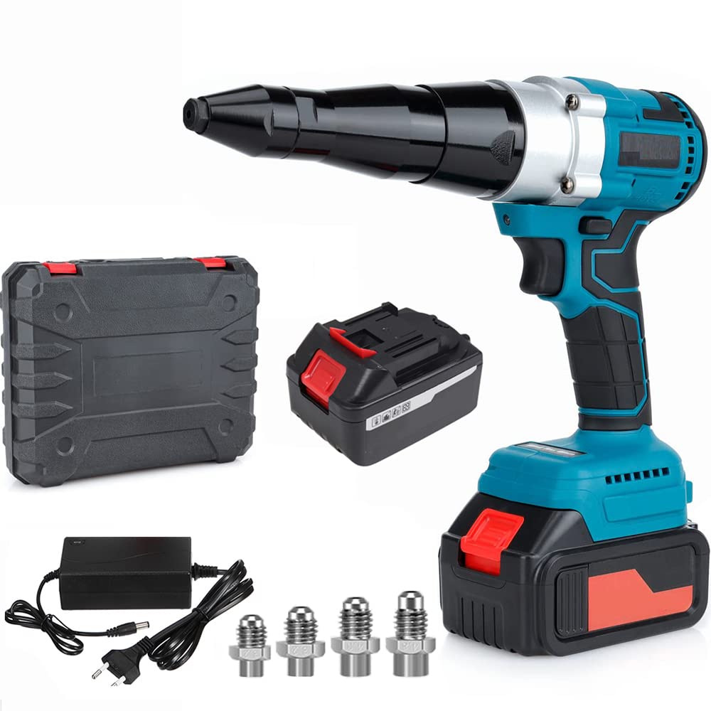Cordless Rivet Gun,Automatic Brushless Riveter Tool Kit for Rivets 2.4/3.2/4.0/4.8 mm,Portable 21V Lithium-ion Electric with 2 3.0Ah Battery for Stainless Steel, Aluminum Rivets (2 Batteries) iMeshbean