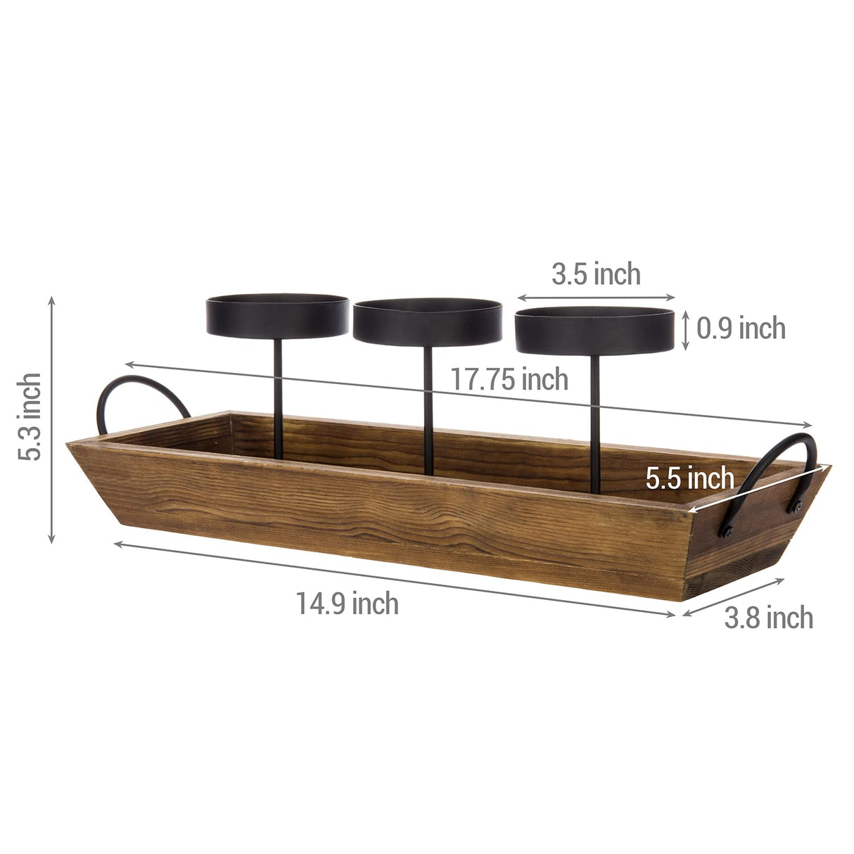 MyGift 3-Pillar Black Metal Candle Holder with Rustic Wood Tray and Handles, Tabletop/Mantel Centerpiece MyGift
