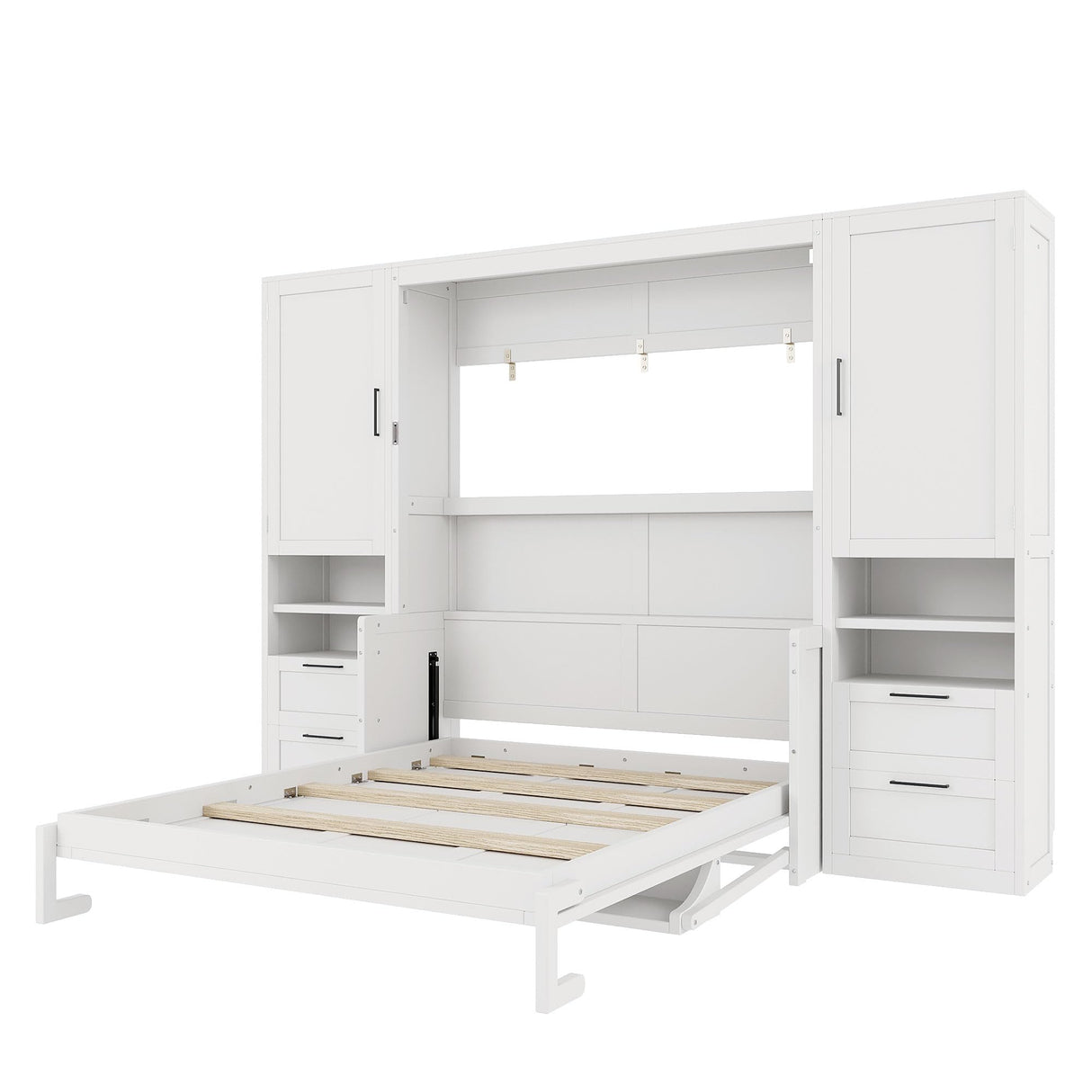 Merax Queen Size Murphy Bed with Desk, Multifunctional Foldable Wall Bed with Closet, Drawers and Shelves, Space-Saving Wood Platform Bed Frame for Small Spaces Studio Study Office Guest Room, White Merax