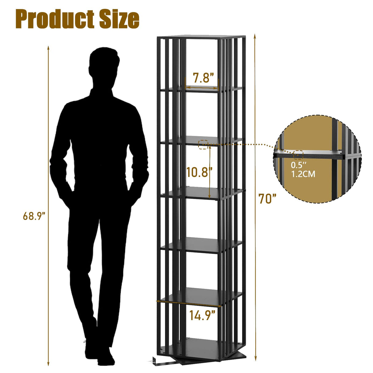 Espelism 6 Tier Rotating Bookshelf, 360° Spinning Narrow Bookcase Tower, Space Saving Floor Standing Wood Shelf & CD Organizer for Small Spaces, Bedroom, Living Room, Office (Black, 6-Tier) Espelism