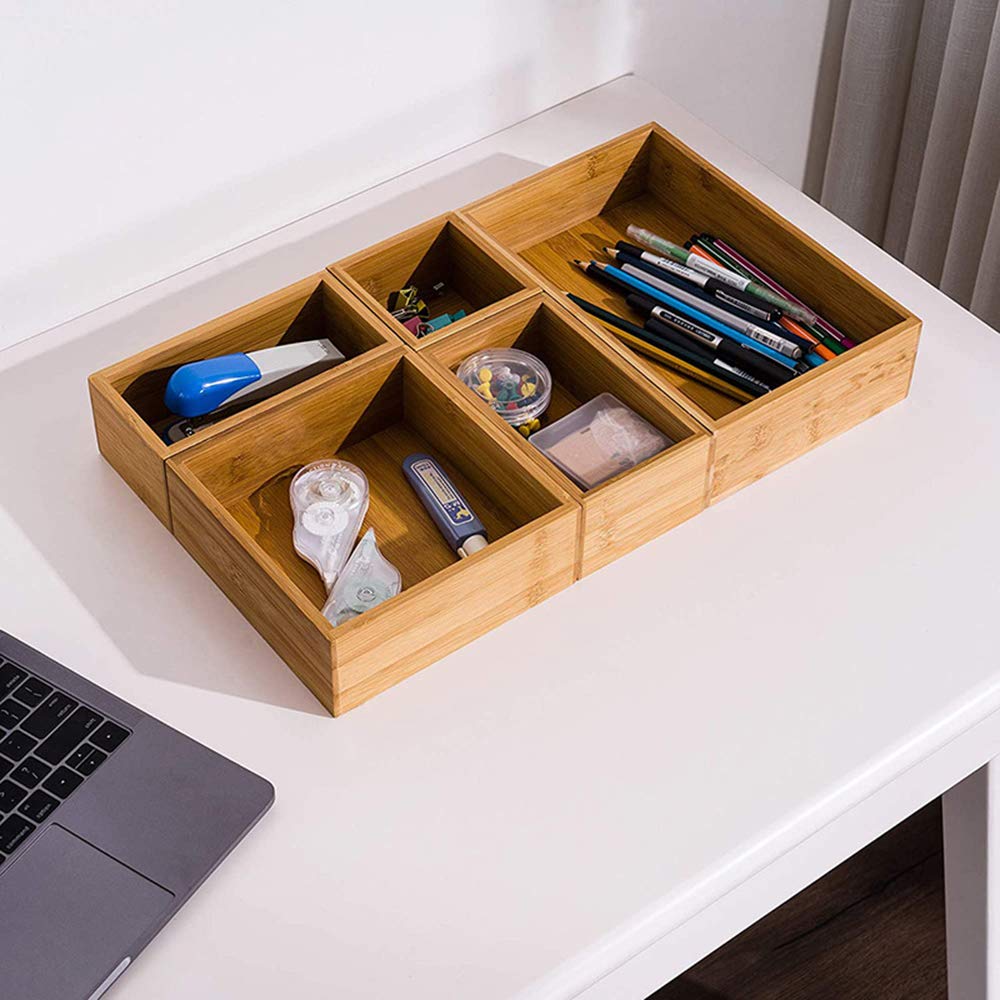Lawei Set of 5 Bamboo Drawer Organizer Boxes, Desk Storage Box Kit, Drawer Storage Containers Tray Bins for Office, Kitchen, Bedroom, Children Room, Craft, Sewing Lawei