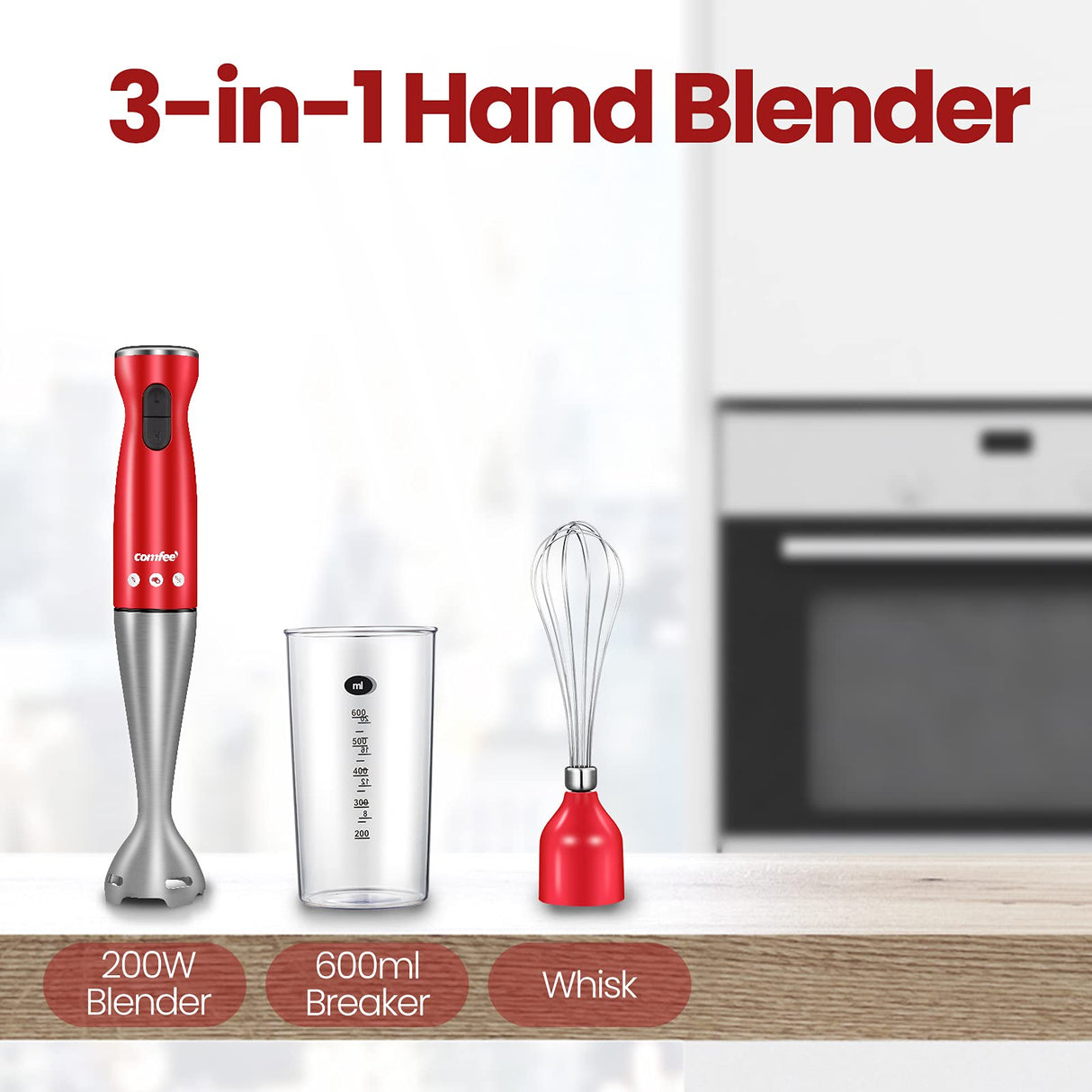 COMFEE' Immersion Hand Blender, Brushed Stainless Steel, 2-Speed, Multipurpose Stick Blender with 200 Watts, 600ml Mixing Beaker and Whisk, Perfect for Baby Food, Smoothies, Sauces and Soups, Red COMFEE'
