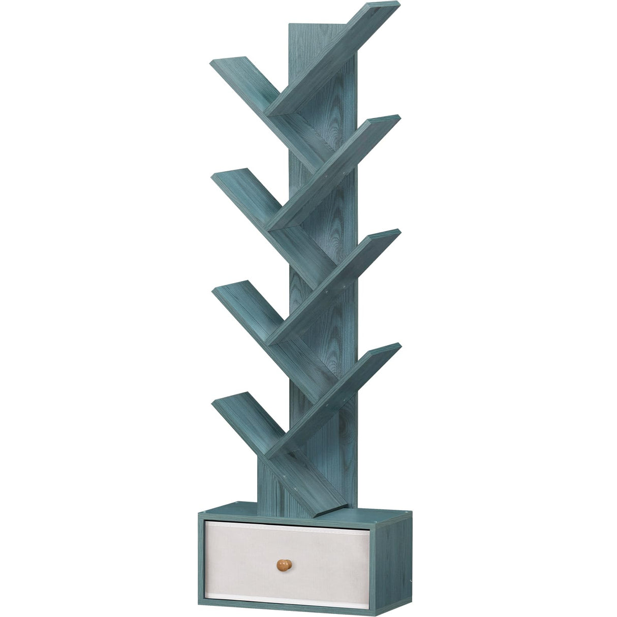 SHEEPAM 8-Tier Navy Blue Tree Bookshelf with Drawer - Stylish Storage Organizer for Small Spaces SHEEPAM