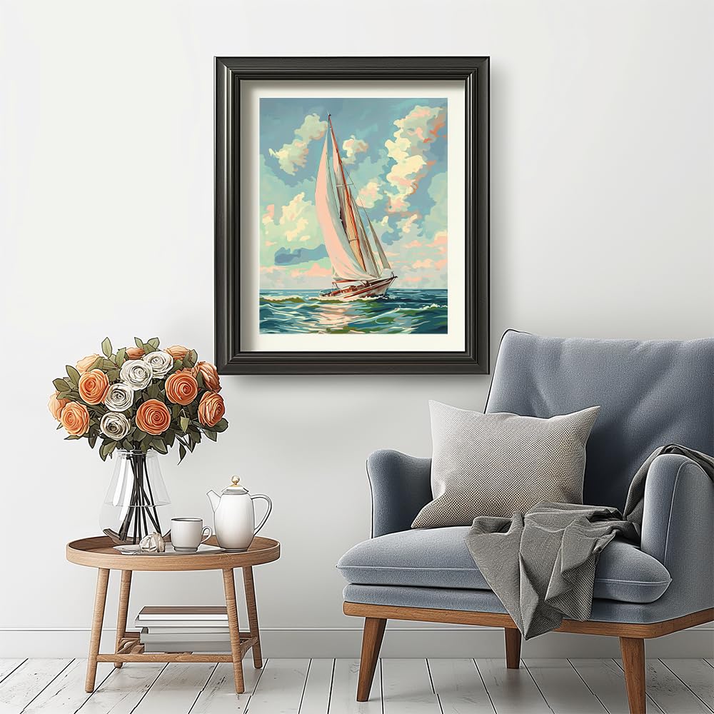 Natuyalo Paint by Numbers Kit for Adults Beginners, 16" Wx20 L Canvas Pictures Drawing Acrylic Paintwork with 3 Pcs Paintbrushes, Sailboat in Waves Natuyalo