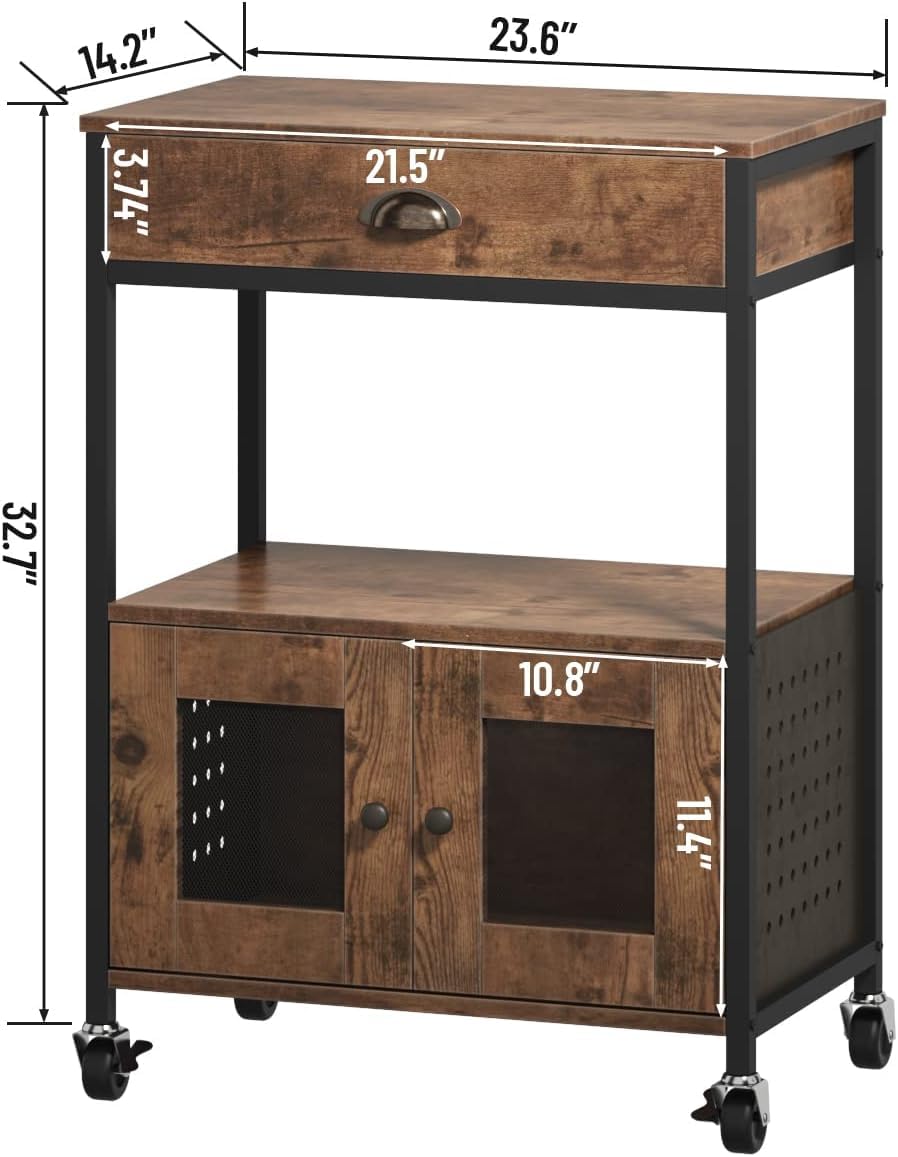 Catrimown Coffee Cart with Storage, Coffee Bar Cabinet on Wheels, Small Microwave Cart with Drawer for Kitchen, Living Room, Rustic Brown Catrimown