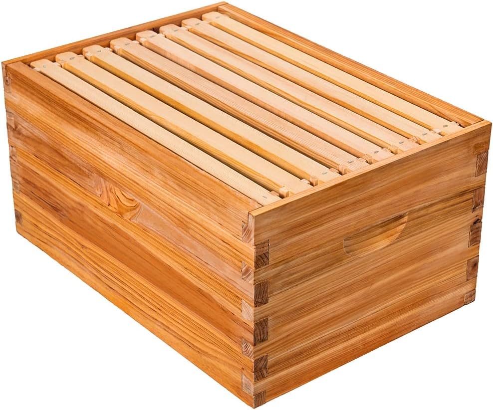 Honey Lake 8 Frame Bee Hive Box, Langstroth Deep Brood Honey Bee Box Dipped in 100% Beeswax for Beekeeper, Bee Hive Boxes with Frames and Waxed Foundations (Unassembled) Honey Lake