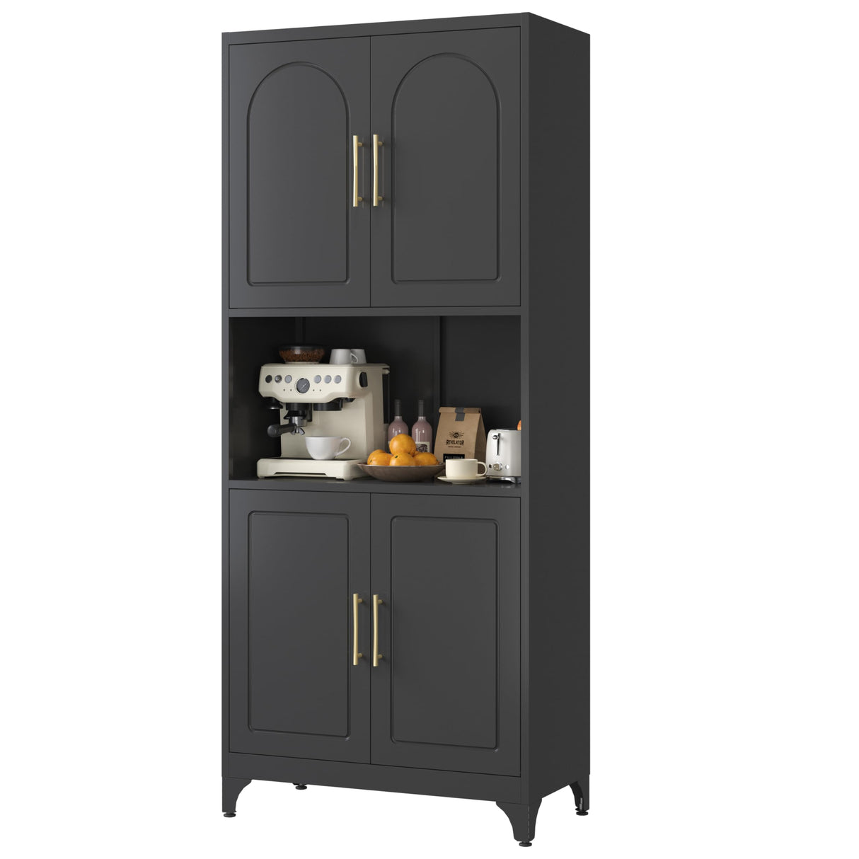 Polup Kitchen Pantry Cabinet, 75" H Kitchen Hutch with Microwave Stand, Food Cupboard with Countertop, Metal Storage Cabinet with Doors and Shelves for Living & Dining Room, Black - Assemble Required Polup