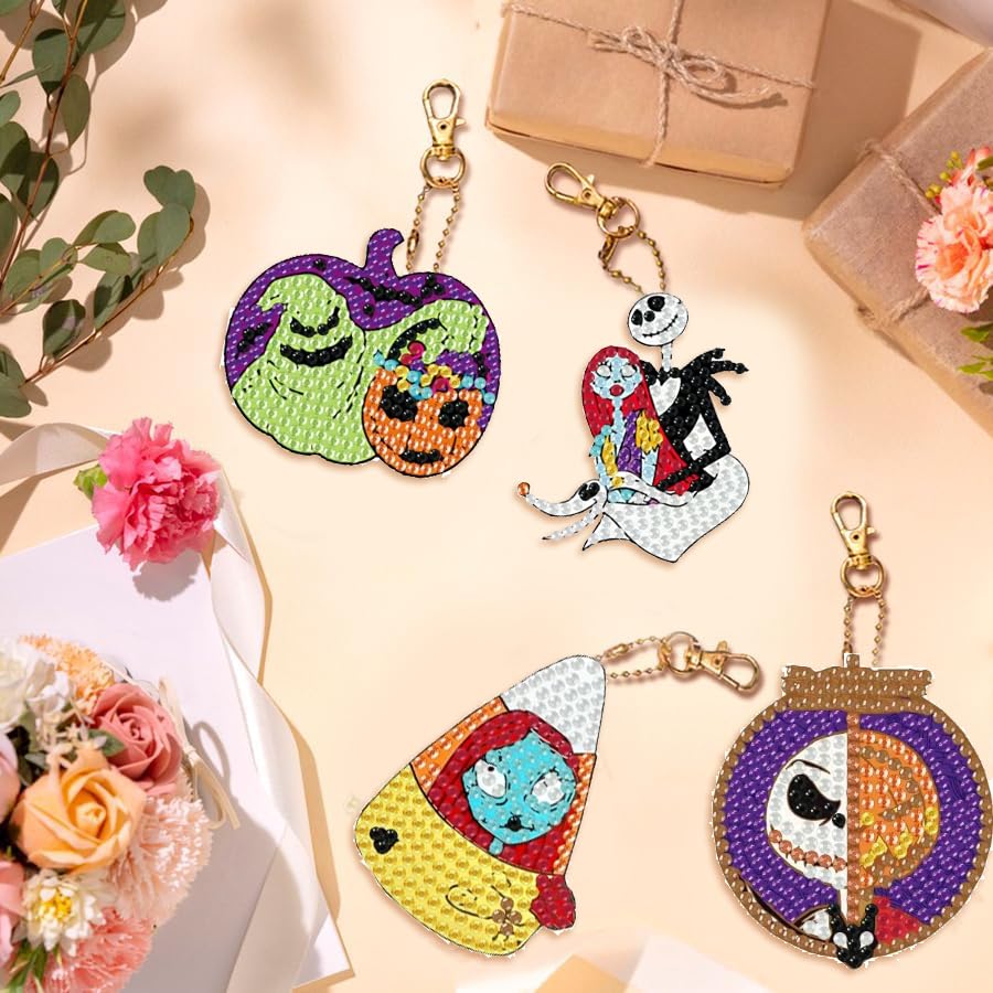 8Pcs Halloween Diamond Art Kits Keychains, DIY 5D Full Drill Special Shape Rhinestone Painting Kit for Beginners Adults, Horror Diamond Dots Art Key Chain Gems Art Craft Amshem