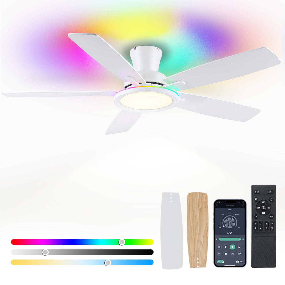 BYKISTOK Flush Mount RGB Ceiling Fan with RGB Light - 52In White Ceiling Fan Light with Reversible Mute Motor, 3CCT LED Dimmable, Low Profile Modern Ceiling Fans for Indoor, Party, Living Room BYKISTOK