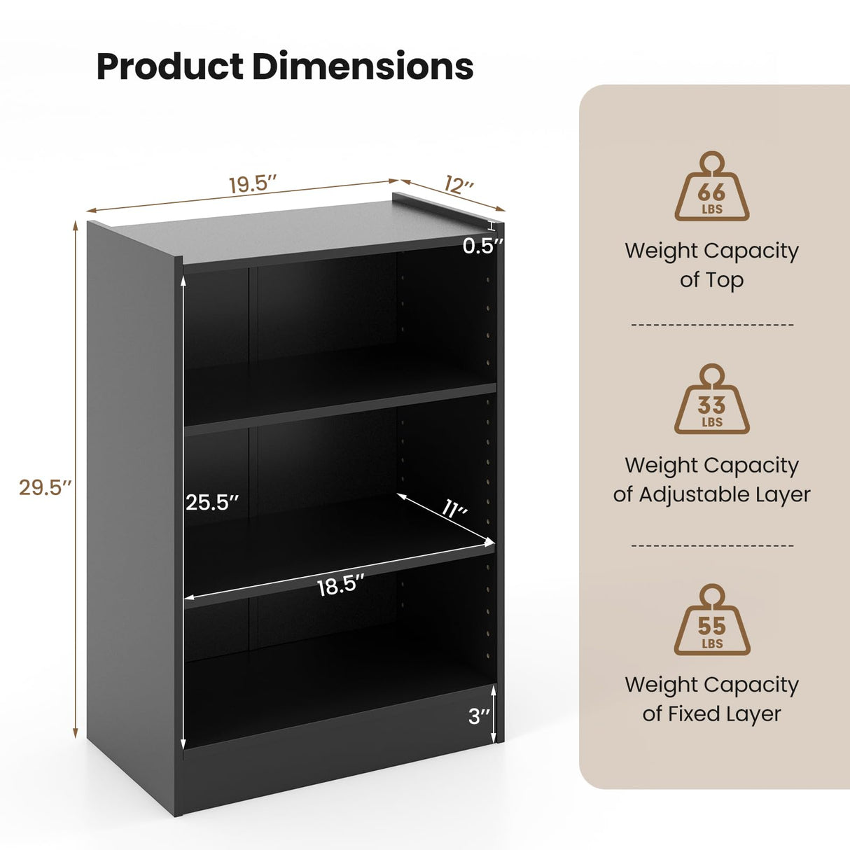 Giantex 3-Cube Bookcase Black - 3-Tier Modern White Open Bookshelf with Adjustable Shelves, Anti-Tipping Device, Small Wood Cube Storage Organizer for Kid’s Room, Living Room, Bedroom Giantex